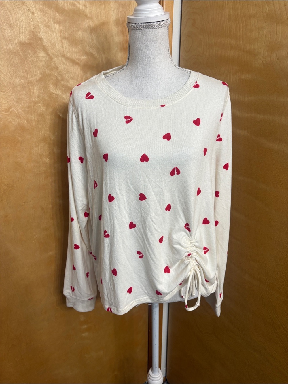 Lucky Brand Long Sleeve Ruched Tie Front Off White Heart Print Top Size XL